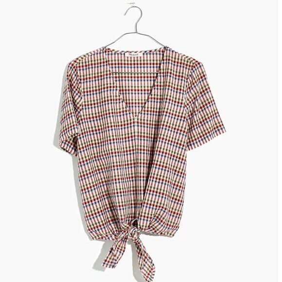 Madewell XS novel tie-front top in rainbow gingham check fall colors - Picture 1 of 9
